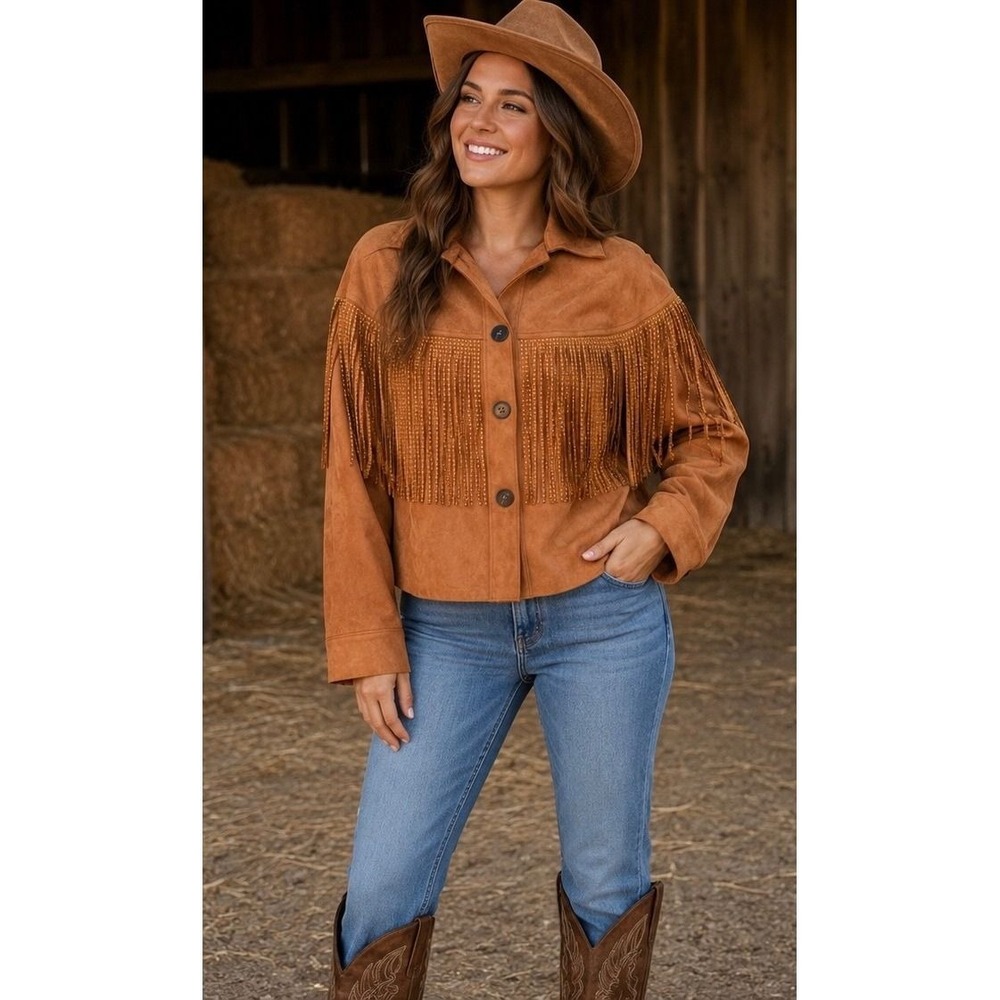 NWT Melrose With Love Faux Suede Fringe Studded Western Jacket Cognac Brown